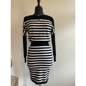 WHBM Striped Knit Blouson Sweater Dress Black White S